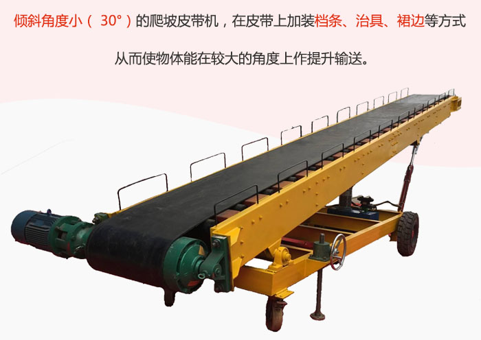 傾斜角度?。?30°）的爬坡皮帶機(jī)，在皮帶上加裝檔條、治具、裙邊等方式從而使物體能在較大的角度上作提升輸送。